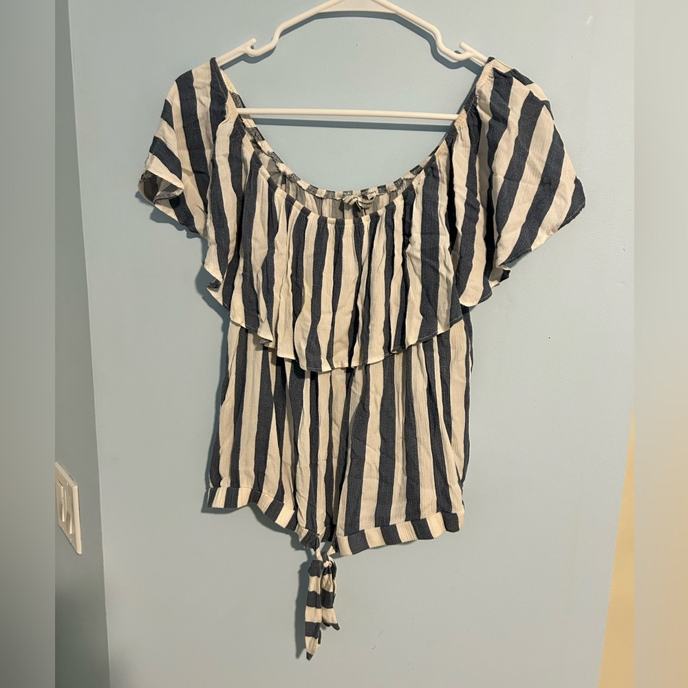 American Eagle Outfitters Navy and White Off-Shoulder Blouse